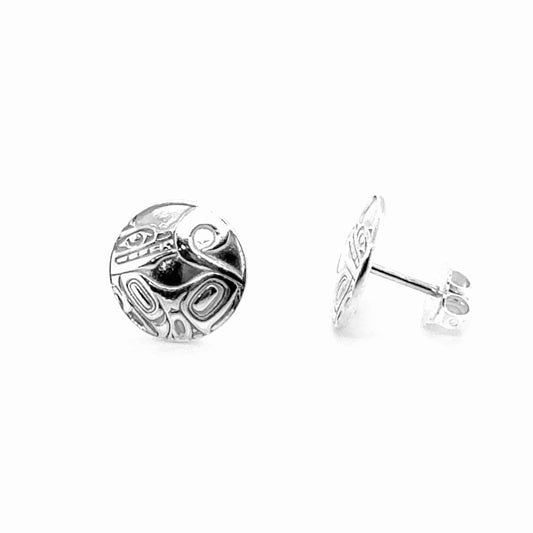 Earrings - Sterling Silver - Stud - Wolf -  Round - 12mm