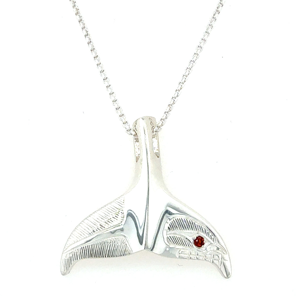 Pendant - Sterling Silver - Whale Tail with Garnet