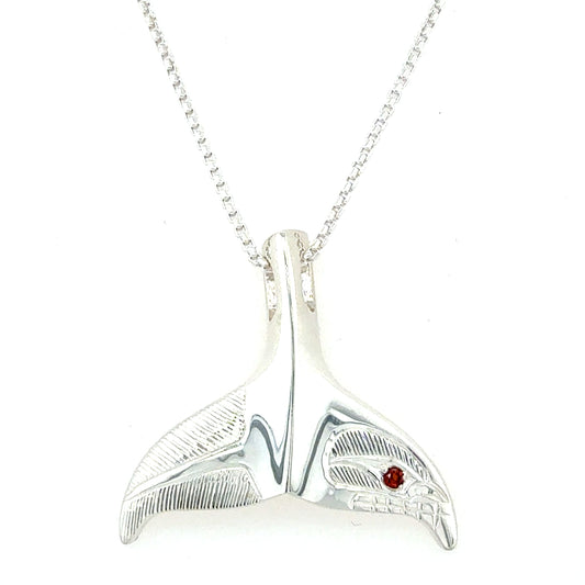 Pendant - Sterling Silver - Whale Tail with Garnet