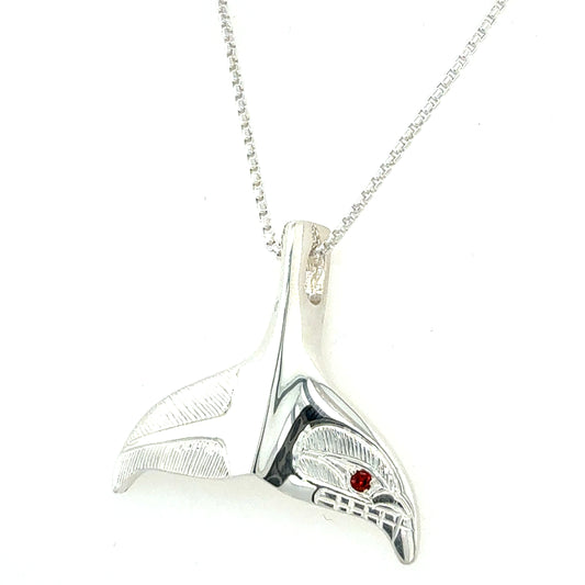 Pendant - Sterling Silver - Whale Tail with Garnet