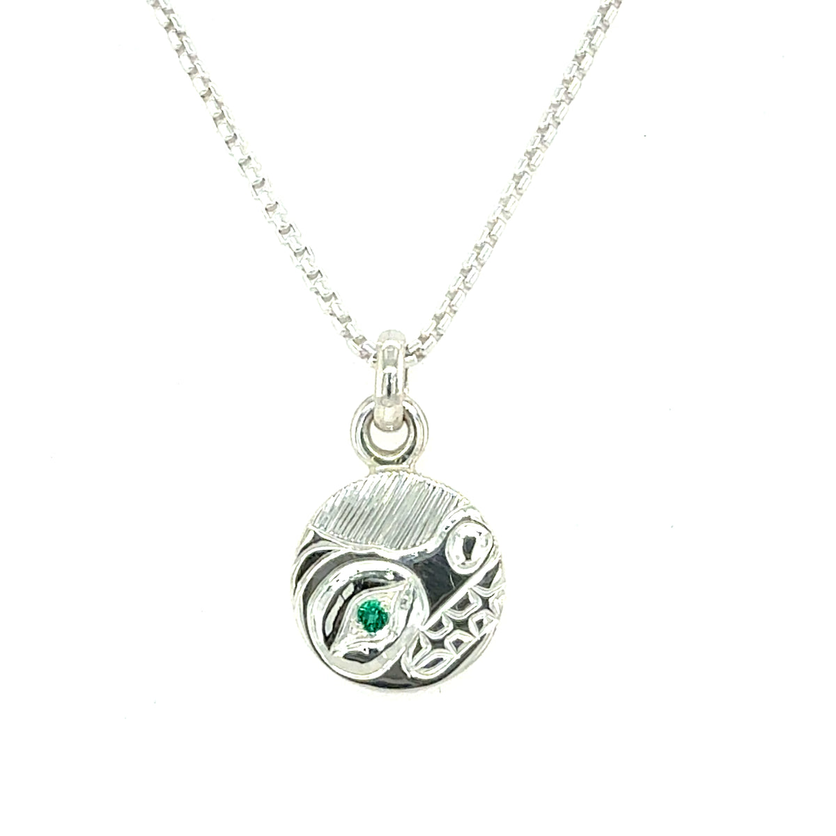 Pendant - Sterling Silver - Round - Bear with Lab Emerald