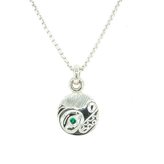 Pendant - Sterling Silver - Round - Bear with Lab Emerald