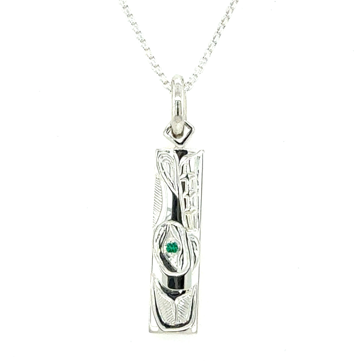Pendant - Sterling Silver - Rectangle - Wolf with Lab Emerald