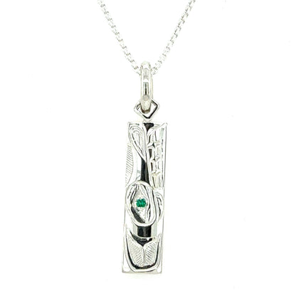 Pendant - Sterling Silver - Rectangle - Wolf with Lab Emerald