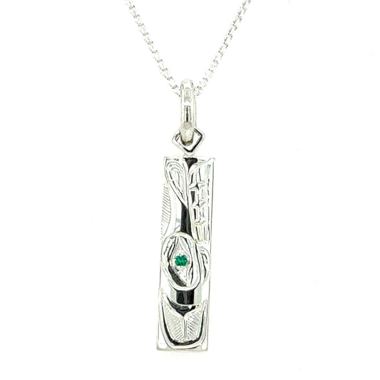 Pendant - Sterling Silver - Rectangle - Wolf with Lab Emerald