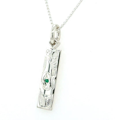 Pendant - Sterling Silver - Rectangle - Wolf with Lab Emerald