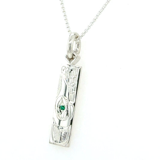 Pendant - Sterling Silver - Rectangle - Wolf with Lab Emerald