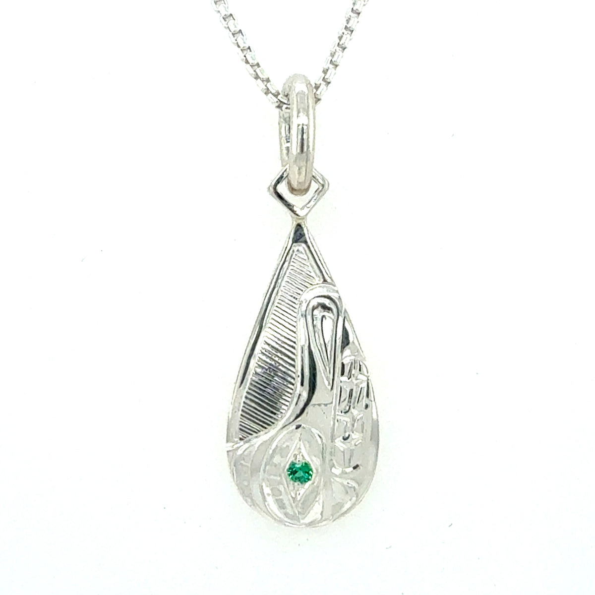 Pendant - Sterling Silver - Teardrop - Wolf with Lab Emerald