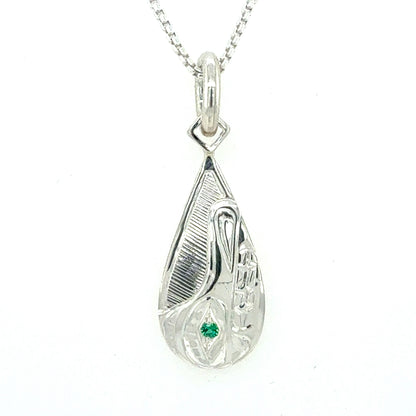 Pendant - Sterling Silver - Teardrop - Wolf with Lab Emerald