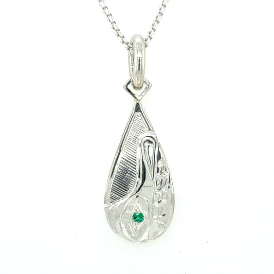 Pendant - Sterling Silver - Teardrop - Wolf with Lab Emerald