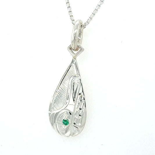 Pendant - Sterling Silver - Teardrop - Wolf with Lab Emerald