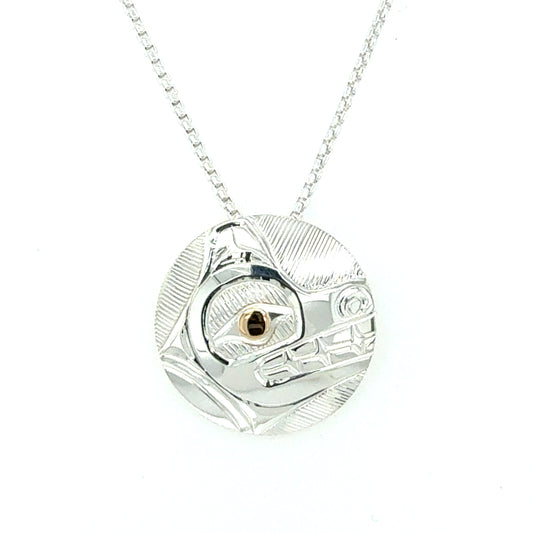 Pendant - Sterling Silver - Round - Bear with 14k Gold Eye