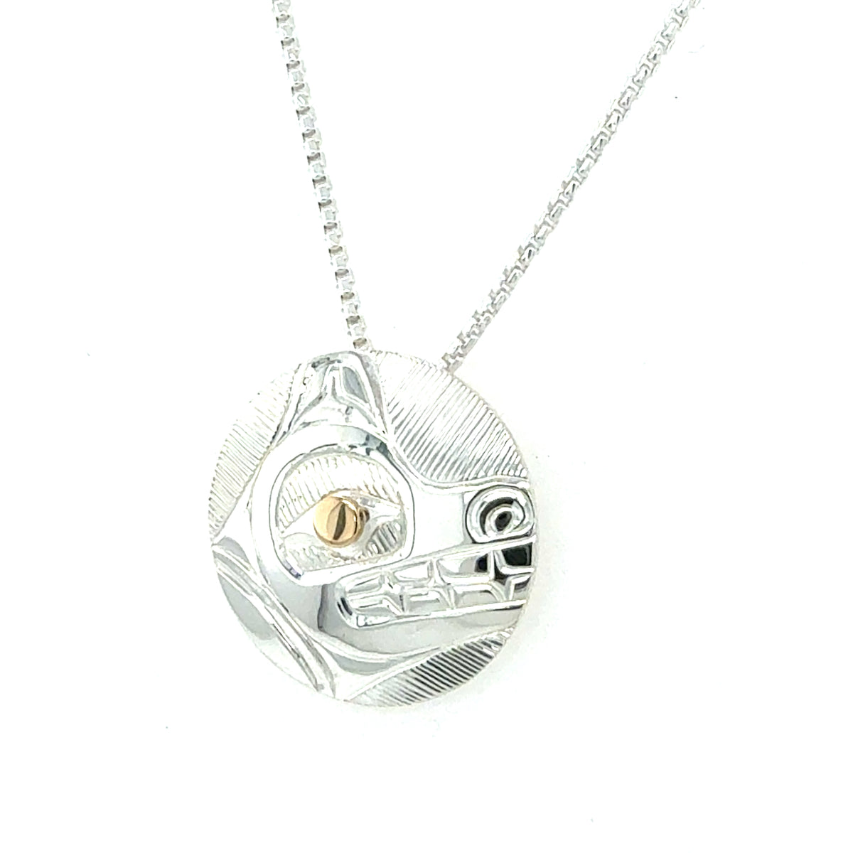 Pendant - Sterling Silver - Round - Bear with 14k Gold Eye