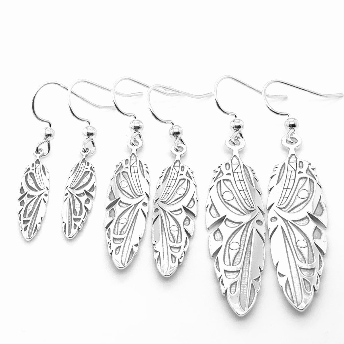 Earrings - Sterling Silver - Drop - Feather - Raven & Wolf
