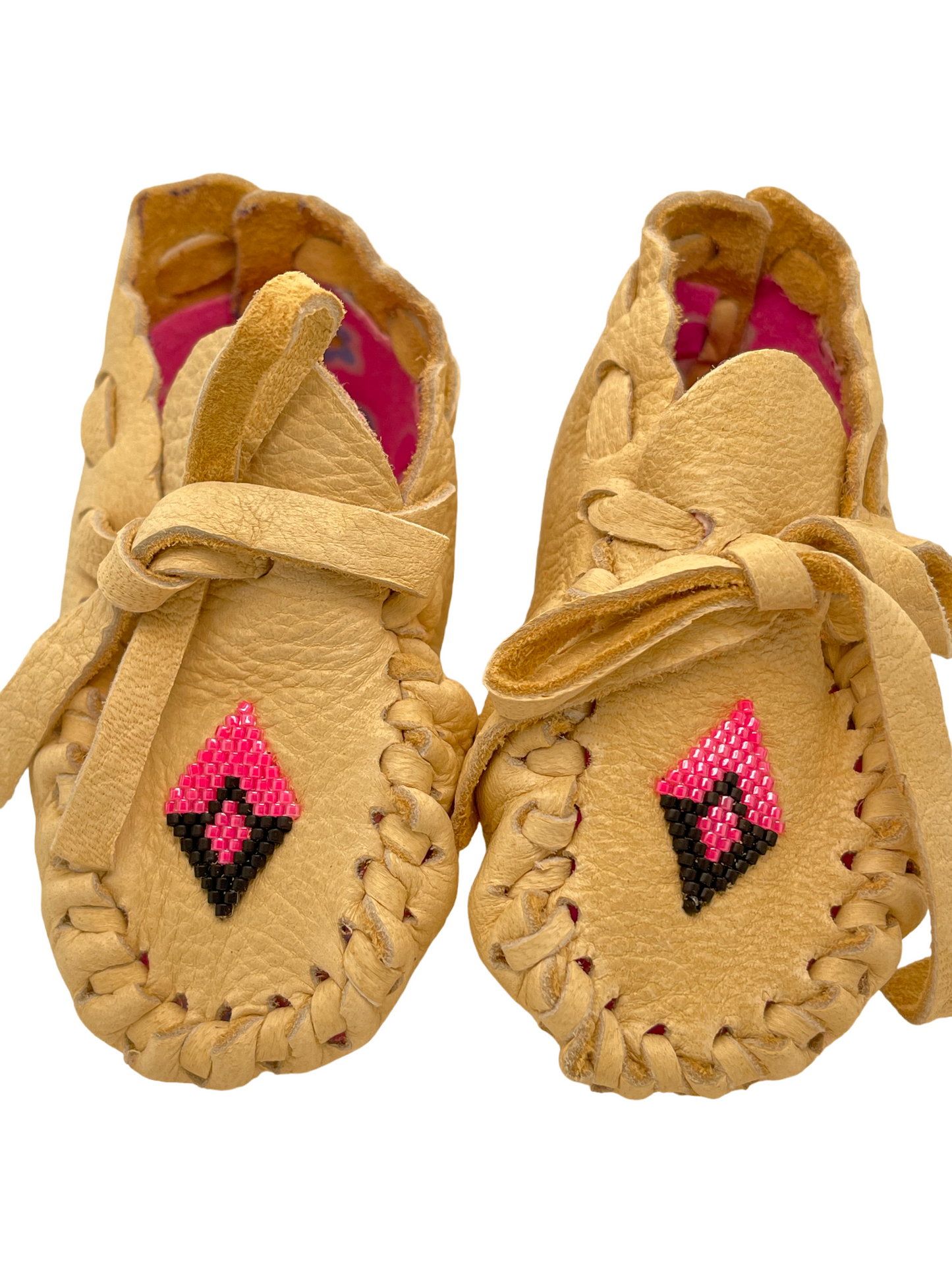 Moccasins - Infant - Deerskin - Pink Salish Geometric