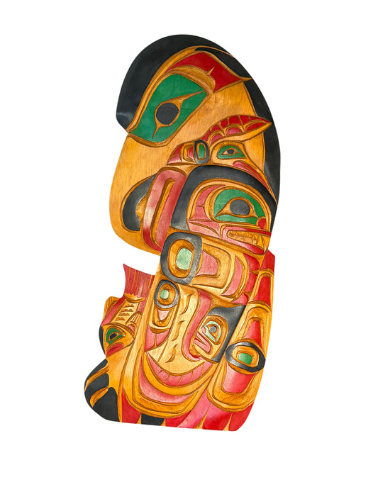 Wood Plaque - Pine - Large - Raven, Hummingbird, Orca, & Salmon