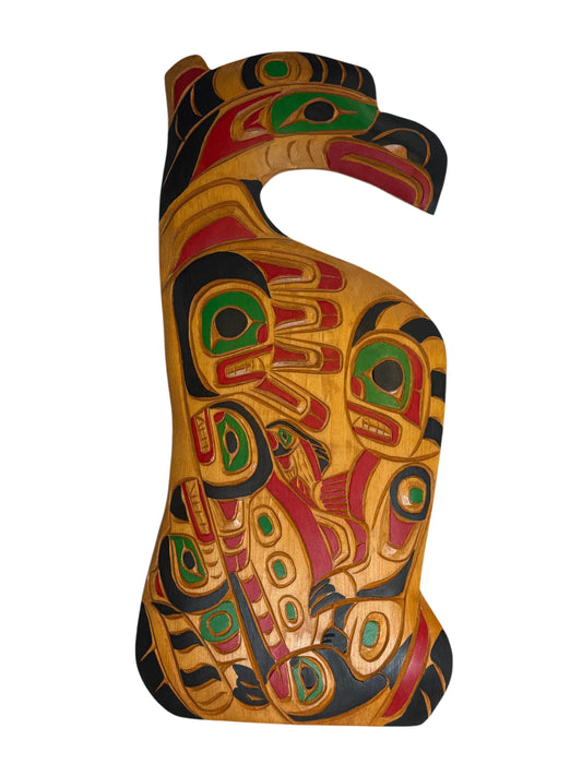 Wood Plaque - Pine - Raven, Human, Salmon, Orca, & Wolf