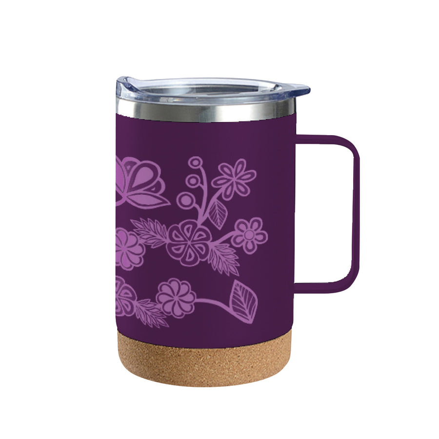 Travel Mug - Handle - Cork Base - 16oz - Ojibwe Florals