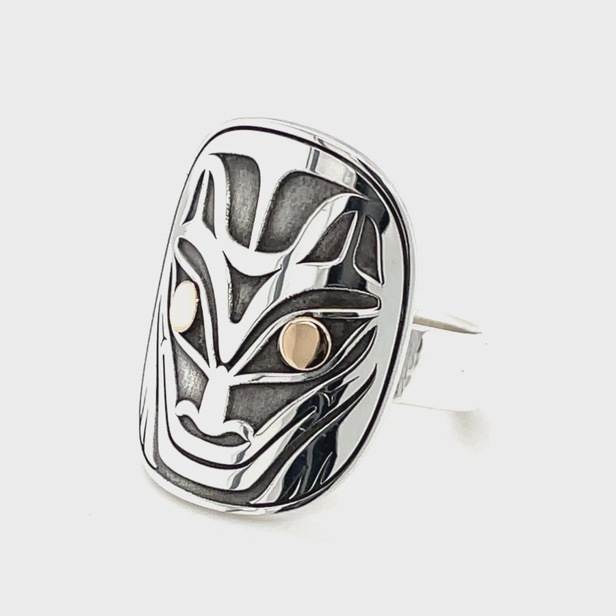 Ring - Sterling Silver & Gold - Oval Face - Wolf - Size 8