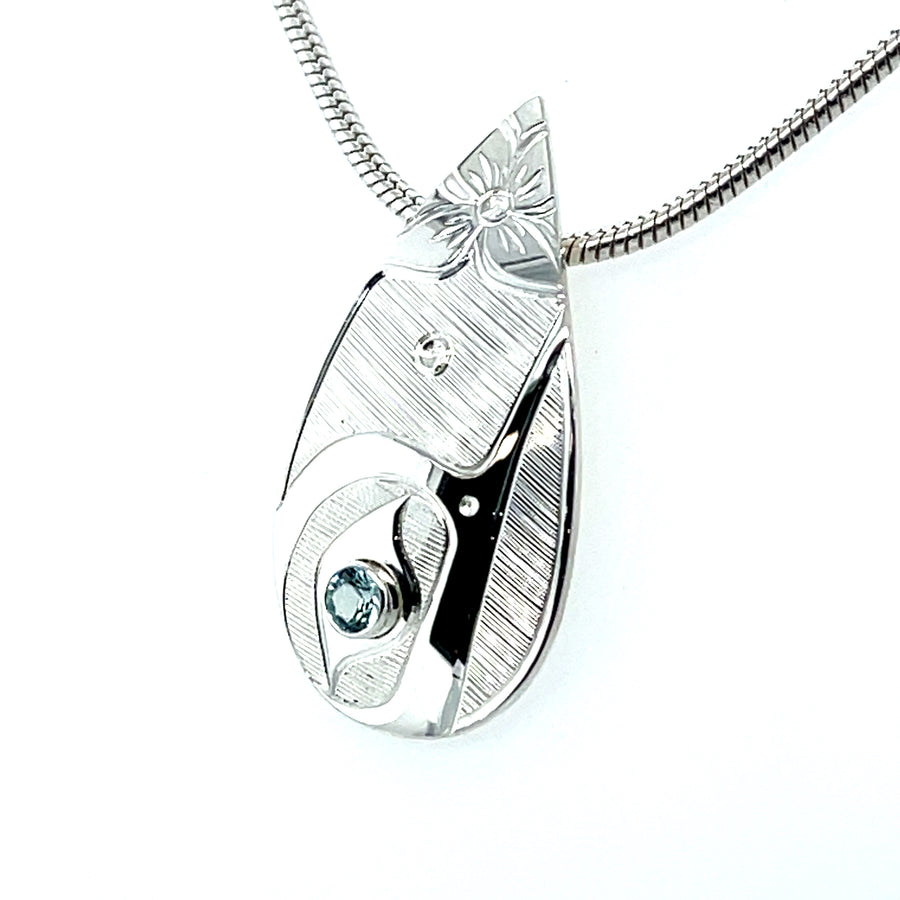 Pendant - Sterling Silver with Aquamarine - Teardrop - Hummingbird