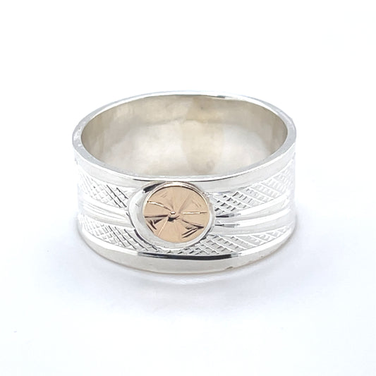 Ring - Gold & Silver - 3/8" - Hummingbirds & Flower - size 8.5