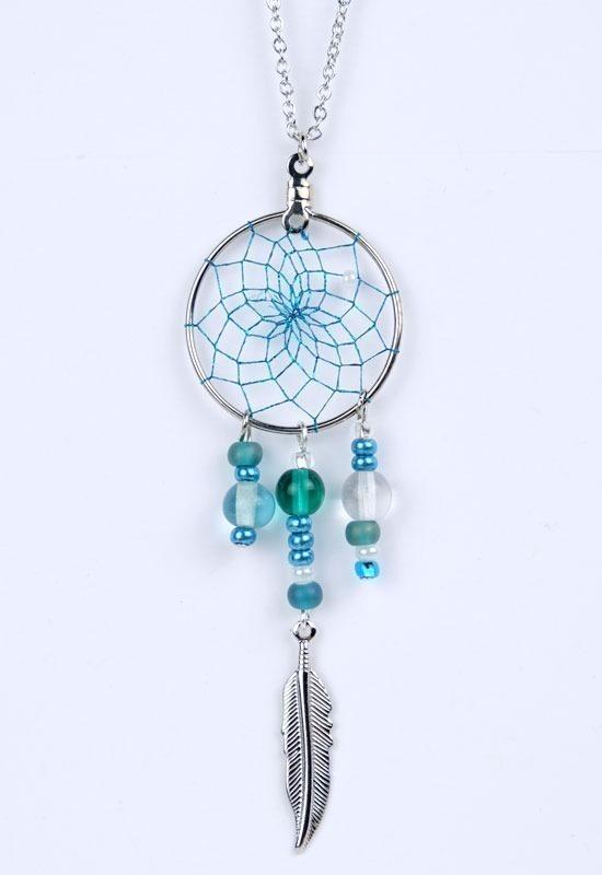 Pendant - Dream Catcher - Glass Beads and Metal Feather - Teal