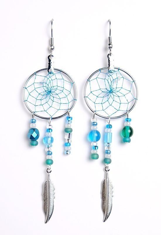 Earrings - Dream Catcher - Glass Beads and Metal Feather - Teal
