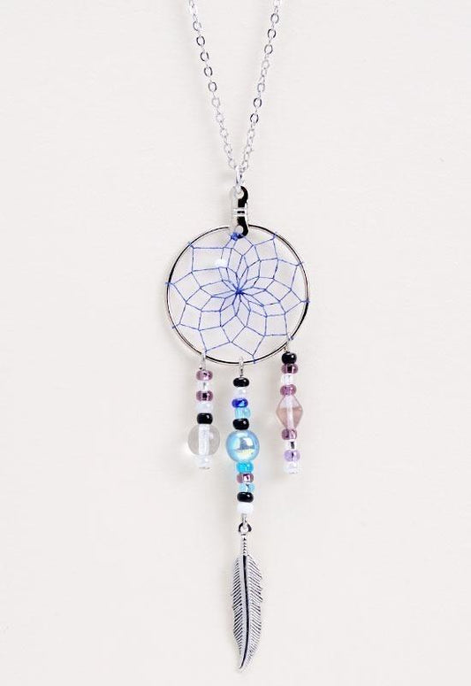 Pendant - Dream Catcher - Glass Beads and Metal Feather - Royal Blue
