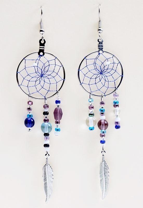 Earrings - Dream Catcher - Glass Beads and Metal Feather - Royal Blue