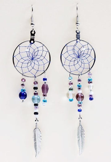 Earrings - Dream Catcher - Glass Beads and Metal Feather - Royal Blue