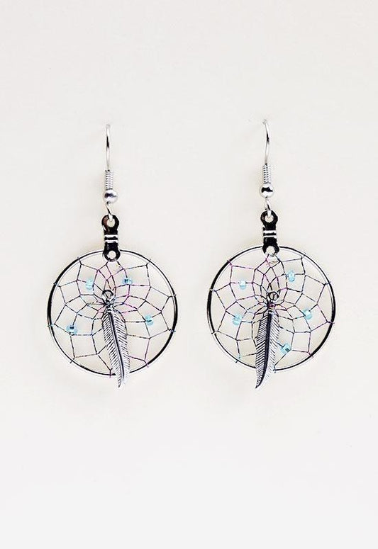 Earrings - Dream Catcher - 1" - Metal Feather - Metallic