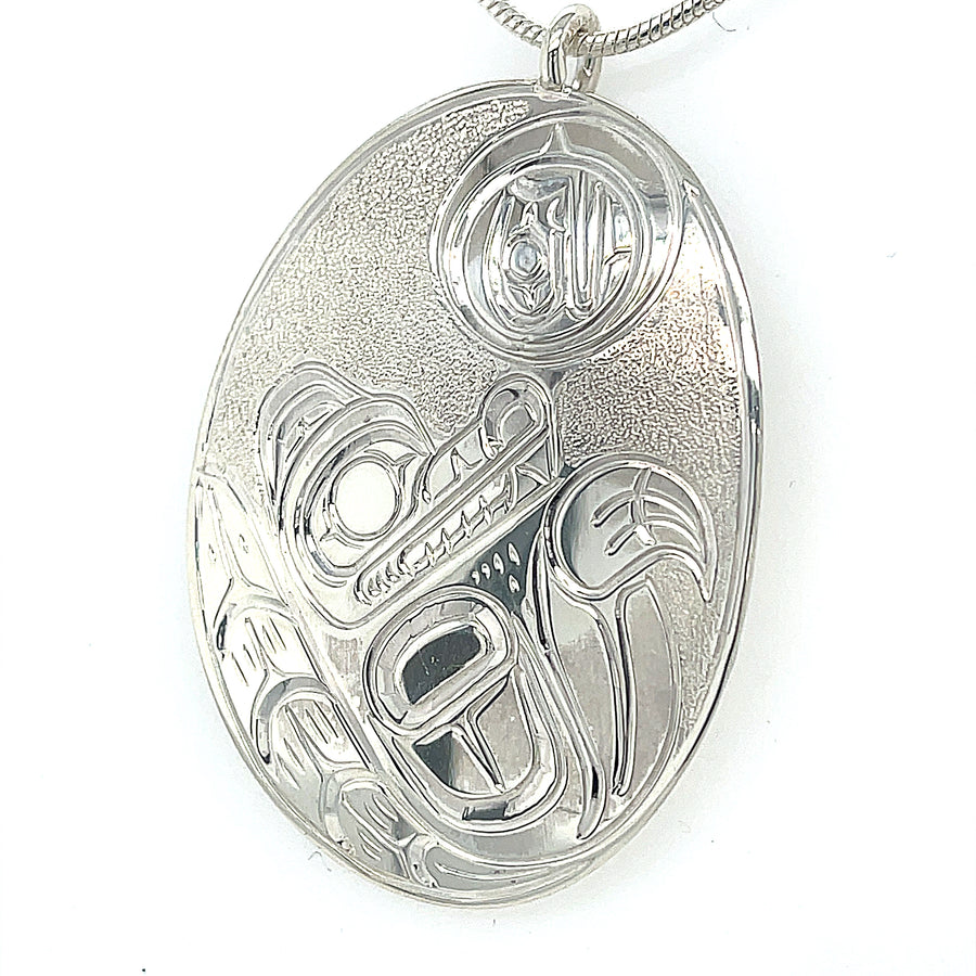 Pendant - Sterling Silver - Large - Oval - Wolf & Moon